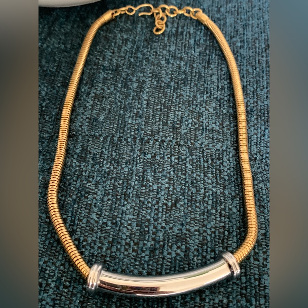 Vintage Monet Gold Tone Necklace with Silver Tone Decor, Signed “Monet”